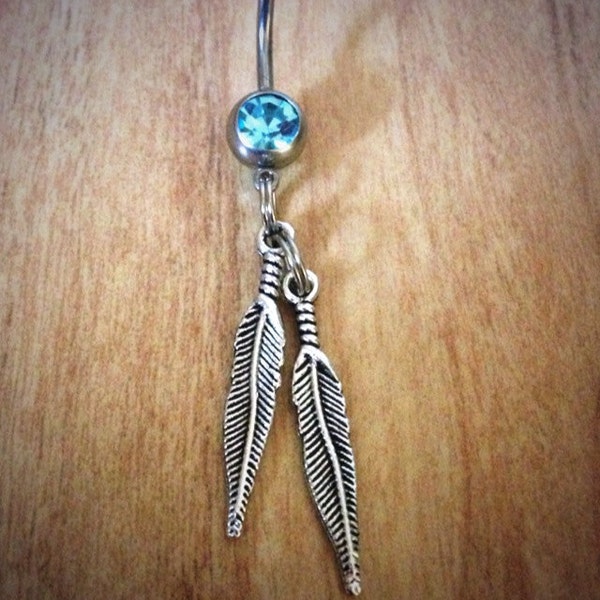 Feather Belly Ring Double Feather Silver Feather Belly Ring Country Girl Western Boho Southwestern Naval Two Feathers Double Feather Cowgirl