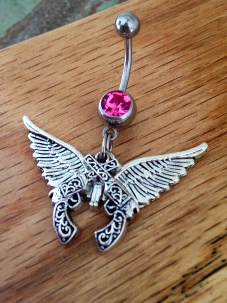 Gun Belly Ring Crossed Pistols Angel Wings Girl Country Belly Etsy