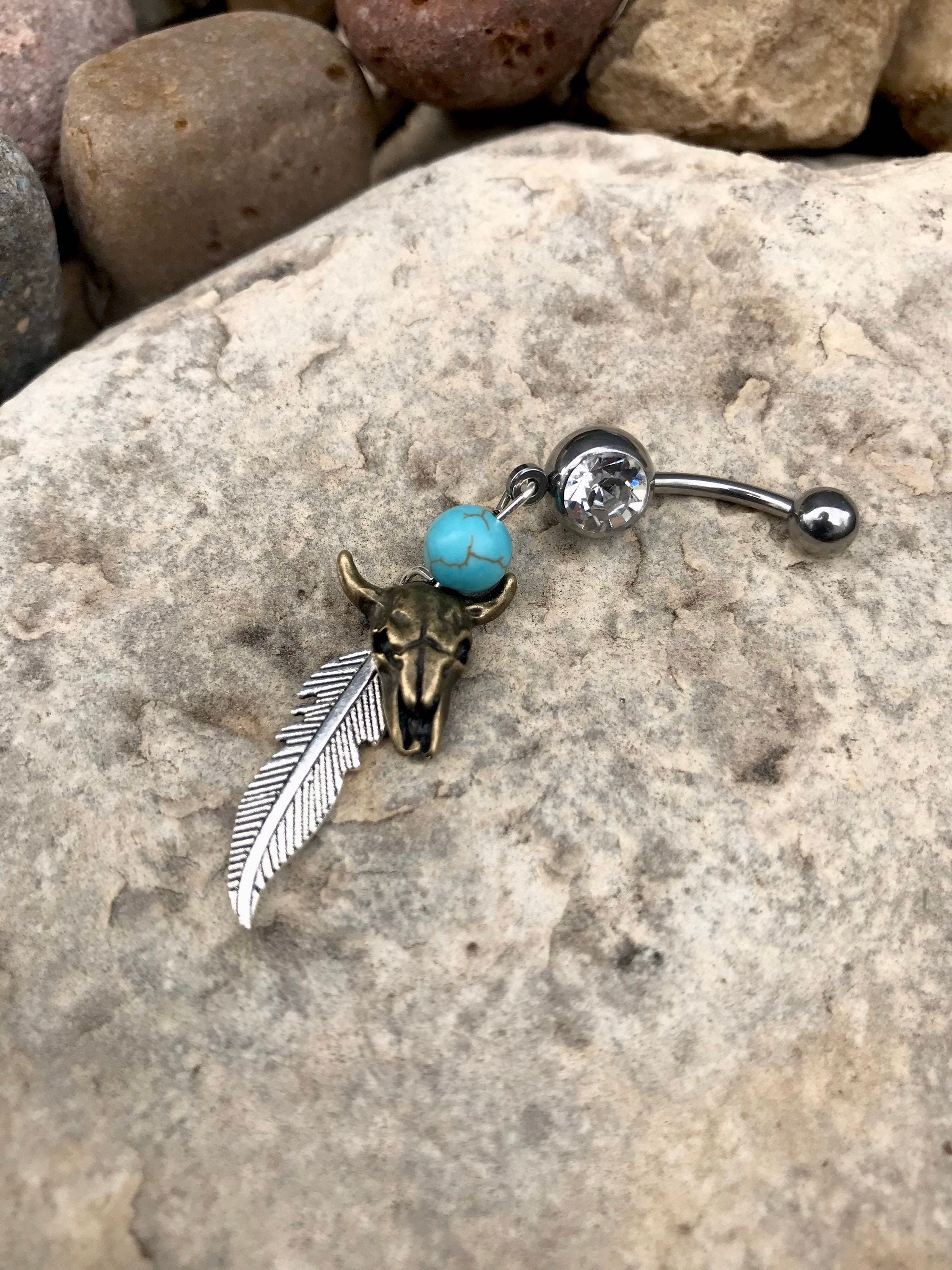 Skull Head Belly Ring with Dangling Feathers Skull Head Belly Ring with Dangling Feathers
