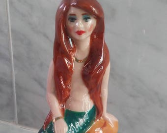 Mermaid NEW 6 inch Figurine Porcelain in Green Blue sitting on a rock in the ocean