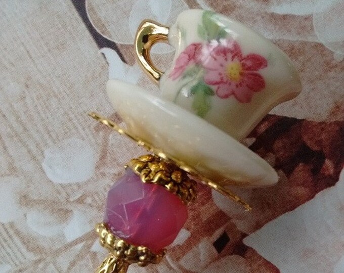 Tea Cup Hat Pin 7 Inch Gold China Paint NEW HAT PIN With Porcelain Handmade Tea Cup With Pink