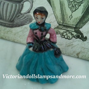 Miniature Victorian Porcelain Lady all dress up in pink and turquoise with black trim (NEW PRICE)