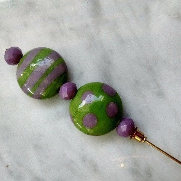 Hat Pin for Spring  6 inches gold like color and apple green  and lavender polka dots and strips glass beads