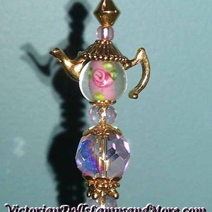 Tea Pot Hat Pin 6 inch gold like with glass lampwork pink bead with pink rose gift under 20