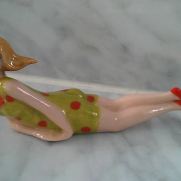 Bathing Beauty Figurine Porcelain with green and orange polka dots and green shoe