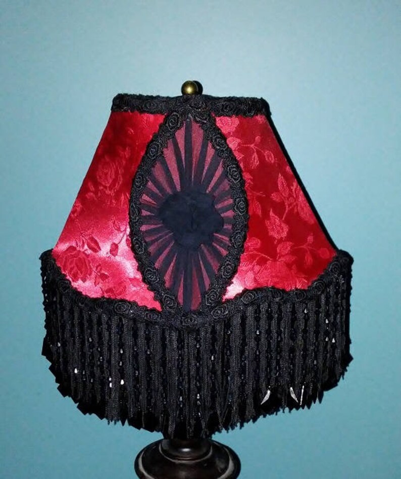 Victorian Lamp Shade In Red Brocade And Black Flower Trim With Fringe Beads