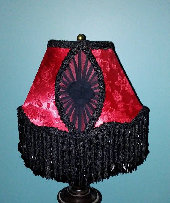 Victorian Lamp Shade In Red Brocade And, Red And Black Lamp Shade