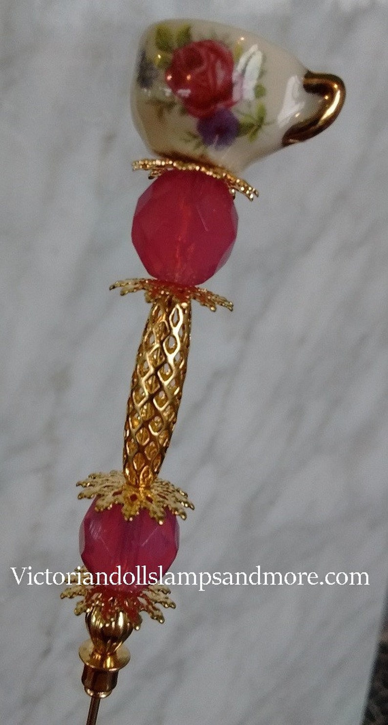 Tea Cup Hat Pin porcelain 6 inches gold like with pink rose Etsy