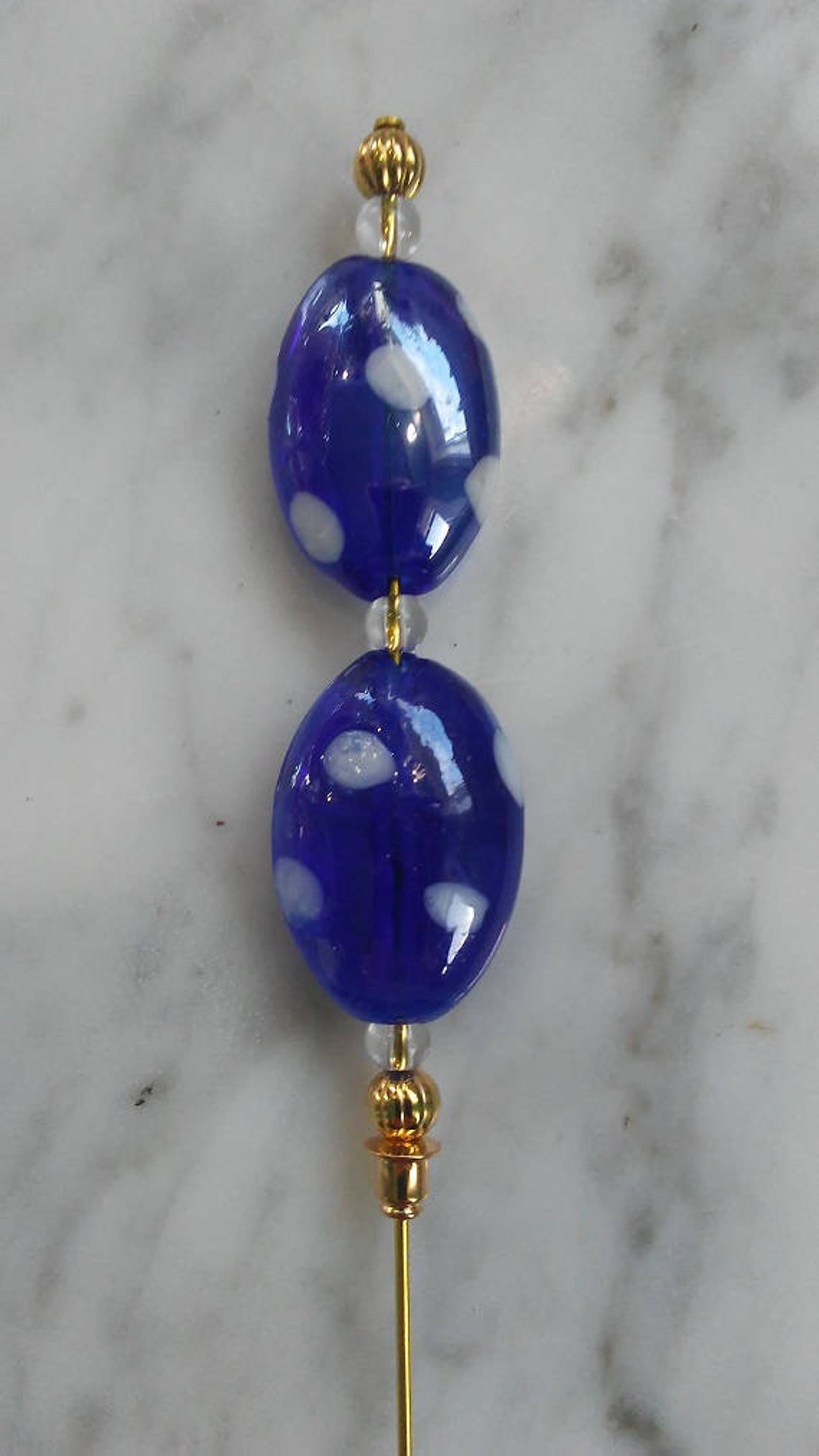 Hat Pin 6 Inches Gold Like Color With Lampwork Glass Blue Etsy