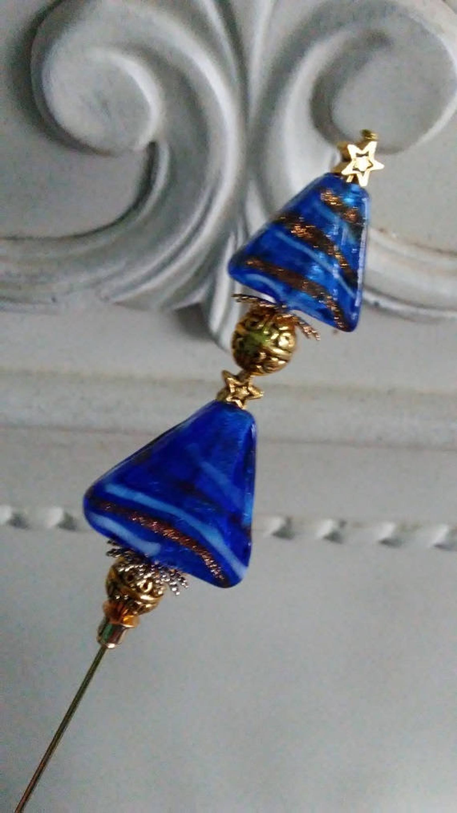 Hat Pin 6 Inch NEW CHRISTMAS TREE Blue Lampwork Glitter Glass Etsy