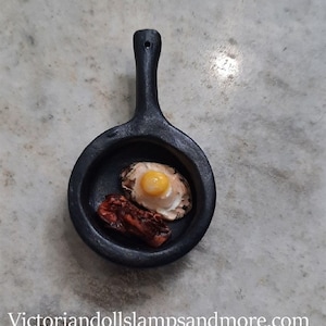Miniature Porcelain black fry pan with clay egg and clay bacon