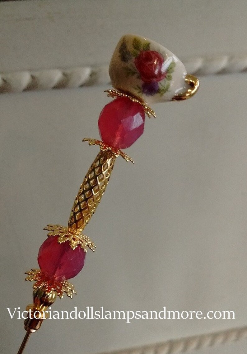 Tea Cup Hat Pin porcelain 6 inches gold like with pink rose Etsy