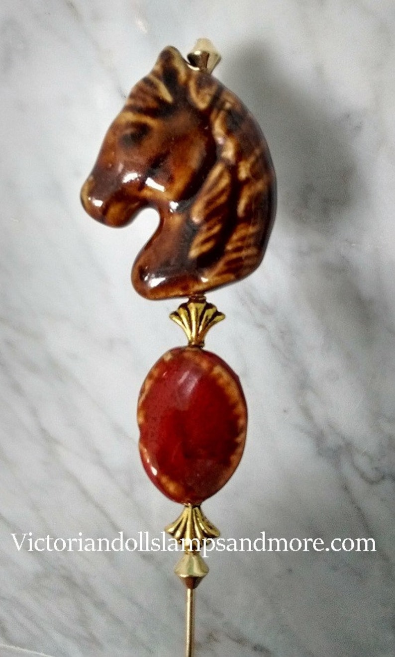 Hat Pin 8 Inch Gold Like With Horse Porcelain Bead and Rust and Tan Glass Bead and Gold Findings