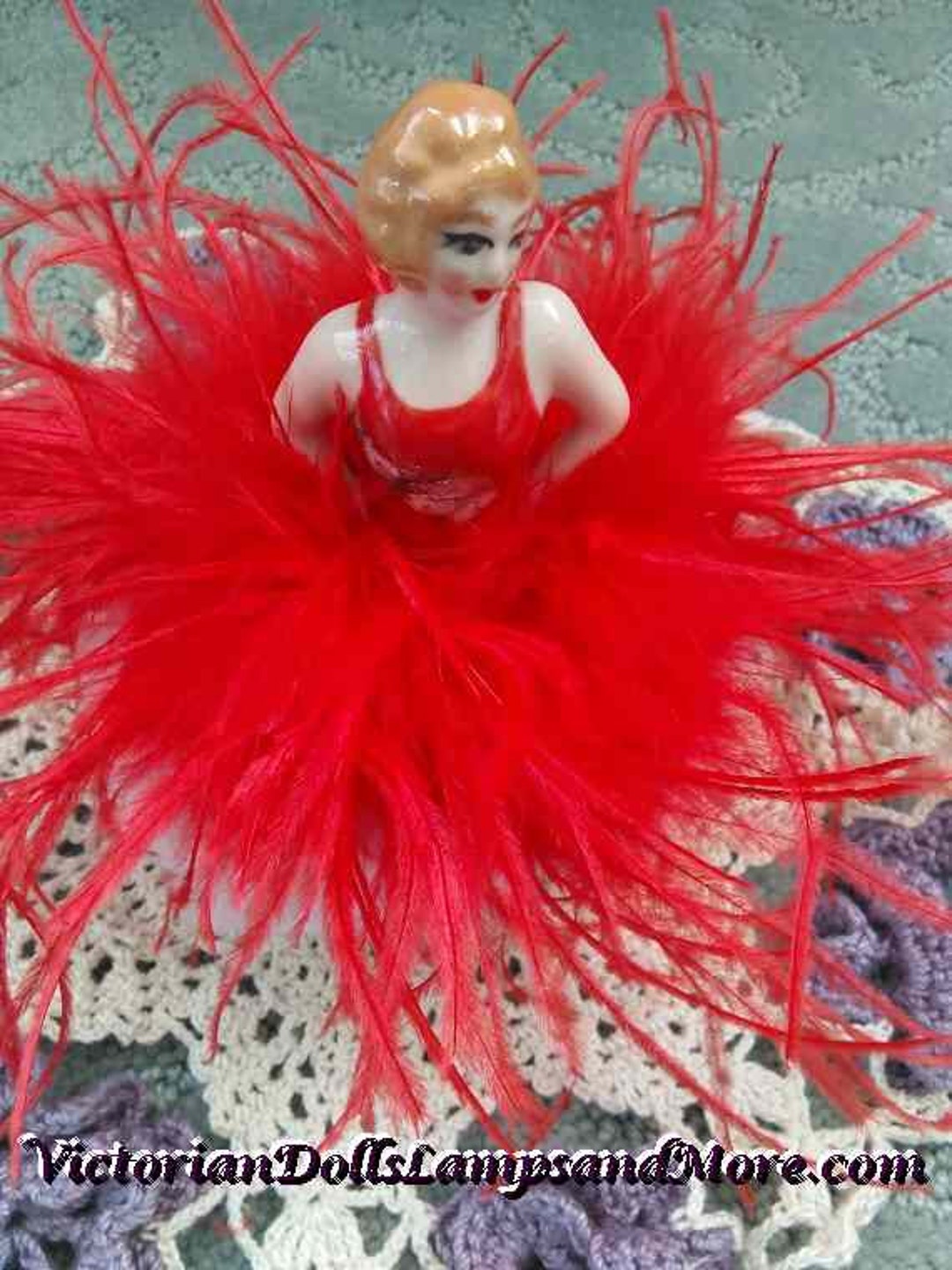 Powder Puff Porcelain Doll With Candy Apple Red OSTRICH FEATHER Boa Etsy