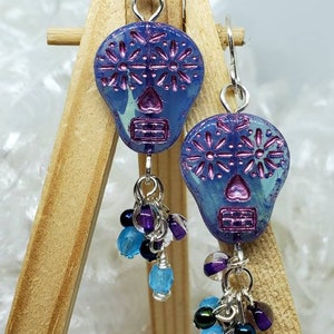 Czech glass sugar skull beads and Czech fire polished beads dangle earrings