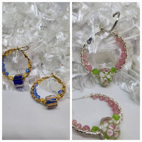 Pink and Green or Blue and Yellow Wirewrapped hoop earrings, Flower Lampwork Beads or Glass Cane Beads, and Czech glass crystals