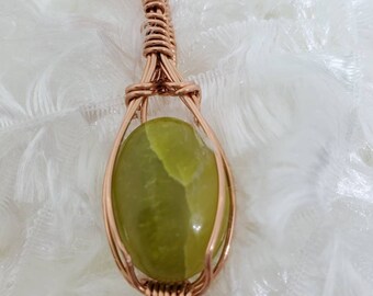 Green agate pendent wrapped with copper wire, wire wrapped pendant