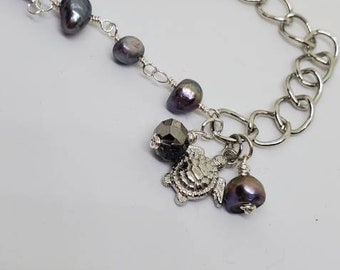 Black Freshwater Pearl Charm Bracelet, Toggle Closure