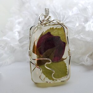 Resin Pendant with Real Rose Bud, Silver Wire