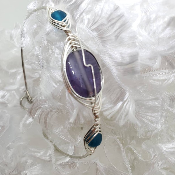 Bangle bracelets, wire wrapped, herringbone wrap, purple, blue, amethyst, citrine, glass beads, sea glass