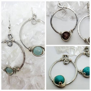 Wire wrapped semi-precious beads on Hammered Silver plated Hoops, Dangle earrings, all handmade, aventurine, fire agate, turquoise, amethyst