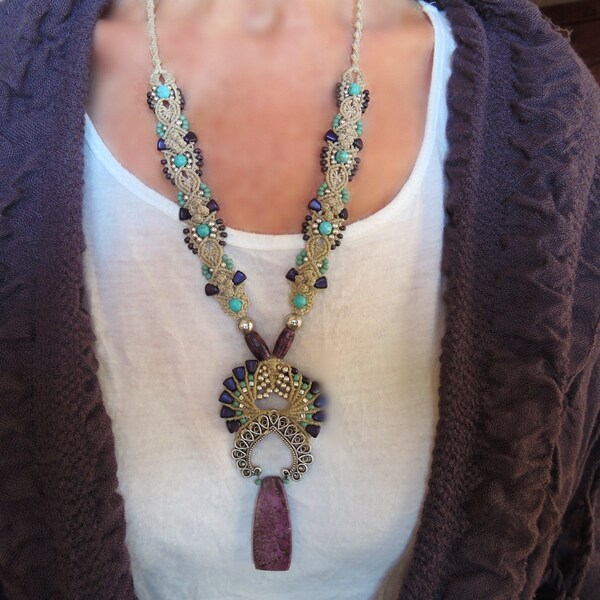 Purple serpentine micro-macrame boho chic necklace