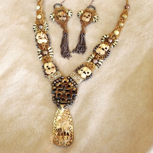 Hand-carved bone elephant boho chic micro-macrame necklace and earrings
