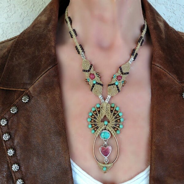 Spiny oyster turquoise necklace, Southwest jewelry, Western, Micro macrame, Native American, sterling silver