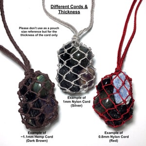 May include: Image showing three gemstone necklaces with different cord types and thicknesses. The necklaces feature dark brown hemp cord, silver nylon cord, and red nylon cord. The text in the image reads "Different Cords & Thickness".
