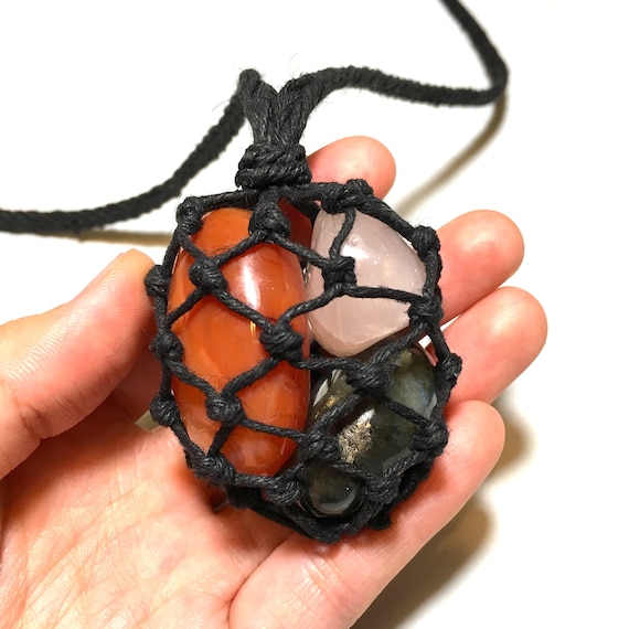 Multiple Stone Pouch Necklace, Crystal Holder Nylon or Hemp Net Basket, Adjustable String