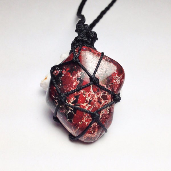 Tumbled Red Jasper Necklace, Root Chakra Necklace, Red Jasper Macrame Necklace, Brecciated Red Jasper Stone, Healing Crystals and Stones