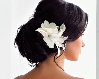 Bandeau de mariage, Accessoire pour cheveux, fleurs pour cheveux en soie, Fleurs tropicales, Lys blanc et plumeria, Barrette à cheveux de mariée, Plage, Bibis, Hawaï