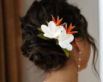 Accessoire de cheveux tropical, casque de mariage, peigne à cheveux de mariée, héliconia et plumeria, fleur hawaïenne, plage, morceau de cheveux de mariée, bibi