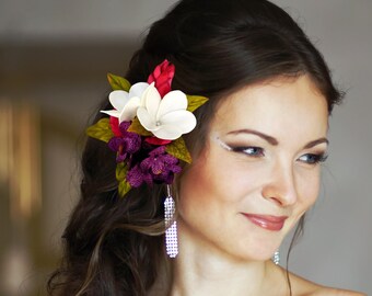 Wedding Hair Accessory,  Red Ginger & Plumeria, Tropical hair flower, hair flowers, Bridal Headpiece, Fascinator, Beach, Hawaiian flower
