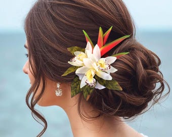 Custom Tropical Hair Clip: Bridal Hair Accessory, Heliconia & Orchids, Hawaiian Hair Flower, Bridal Hair Comb, Wedding Headpiece, Fascinator