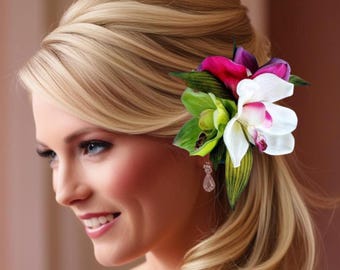 Hawaiian flower Hair Clip, hair accessory, Silk orchids, Custom Wedding Headpiece, Beach Hair accessory, Bridal hair clip, Fascinator
