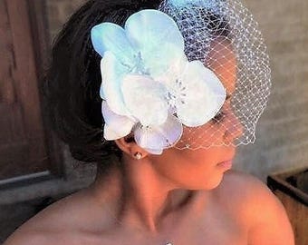 Wedding Veil, Tropical silk orchids, birdcage veil, Custom bridal hair clip, Hawaiian hair flower, Fascinator, Beach, wedding headpiece