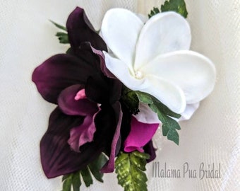 Eggplant Silk Orchid & Plumeria hair Clip, Bridal Hair Comb, Hawaiian Hair Flower, Wedding Headpiece, Beach, Fascinator,Tropical Hair flower