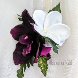 Tropische Seidenorchidee & Plumeria Haarkamm, Braut Haarkamm, Hawaiianische Haarblume, Hochzeit Kopfschmuck, Strand, Fascinator, Seidenhaarblume