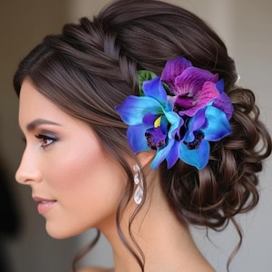 Tropische Haarspange, Haarschmuck, Seidenblaue Orchidee, Hochzeit Kopfschmuck, Strand, Fascinator, Hawaii-Blüte Kopfschmuck, Braut Haarschmuck