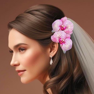 Tropische Haarblume, Brida, Haarschmuck, blaue oder rosa Orchidee, Seidenhaarblume, Hawaii Haarblume, Strand, Hochzeit Kopfschmuck, Fascinator