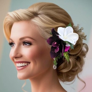 Aubergine Seide Orchidee & Plumeria Haarkamm, Braut Haarkamm, Hawaiianische Haarblume, Hochzeit Kopfschmuck, Strand, Fascinator, tropische Haarblume