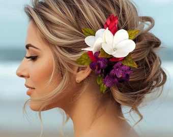 Wedding Hair Accessory,  Red Ginger & Plumeria, Tropical hair flower, hair flowers, Bridal Headpiece, Fascinator, Beach, Hawaiian flower