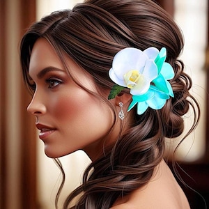 Braut Haarblume, Haarschmuck, Türkis Plumeria, Tropische Haarblume, Hochzeit Headpiece, Haarclip, Strand, Hawaiiblume, Fascinator