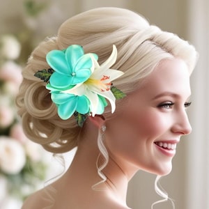 TROPICAL Haarblume, Haarschmuck, Türkis Plumeria, Seidenorchidee, Hochzeit Headpiece, Braut Haarspange, Strand, Hawaiiblume, Fascinator