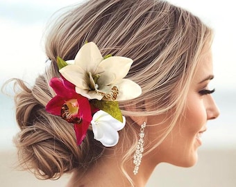 Tropical Hawaiian Hair Accessory, Silk Orchids and Plumeria Hair Clip, Wedding Headpiece, Beach Wedding Hair, Bridal Hair comb, Fascinator