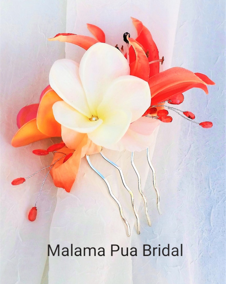 Real Touch Tropical Flower Bridal hair comb accessory Custom hair piece Beach wedding Hawaiian Plumeria /& Lily silk flowers Fascinator