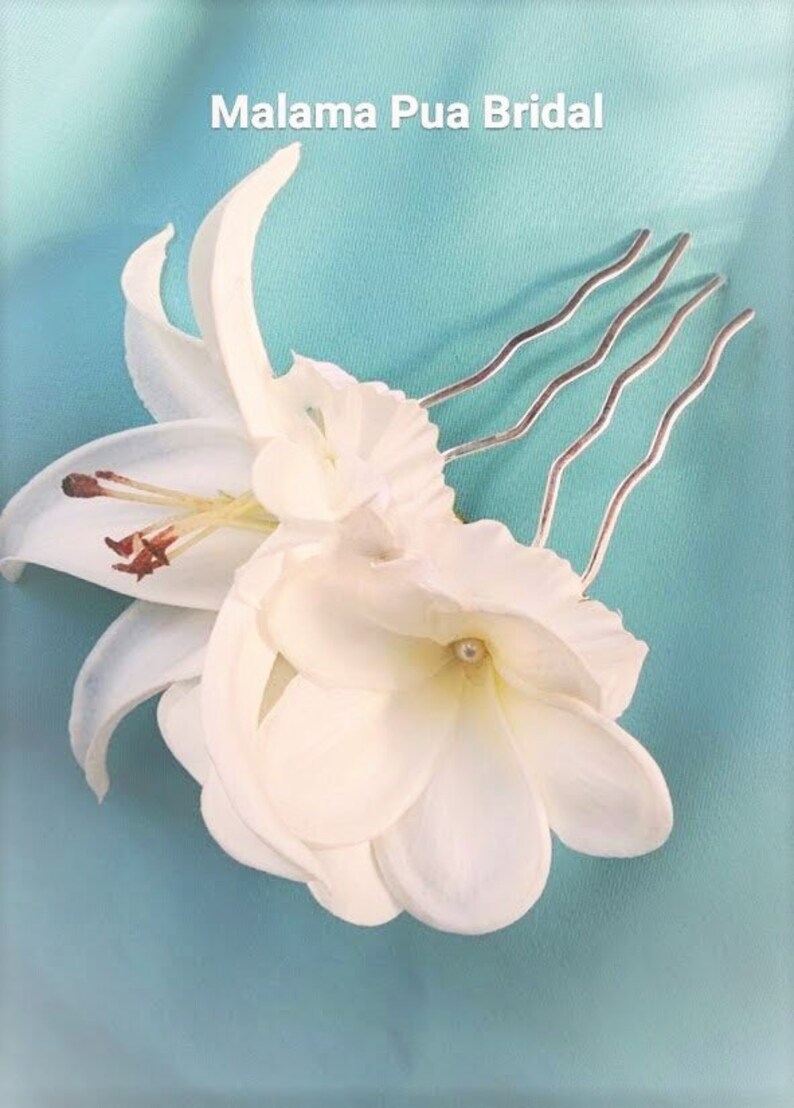 Real Touch Tropical Flower Bridal hair comb accessory Custom hair piece Beach wedding Hawaiian Plumeria /& Lily silk flowers Fascinator
