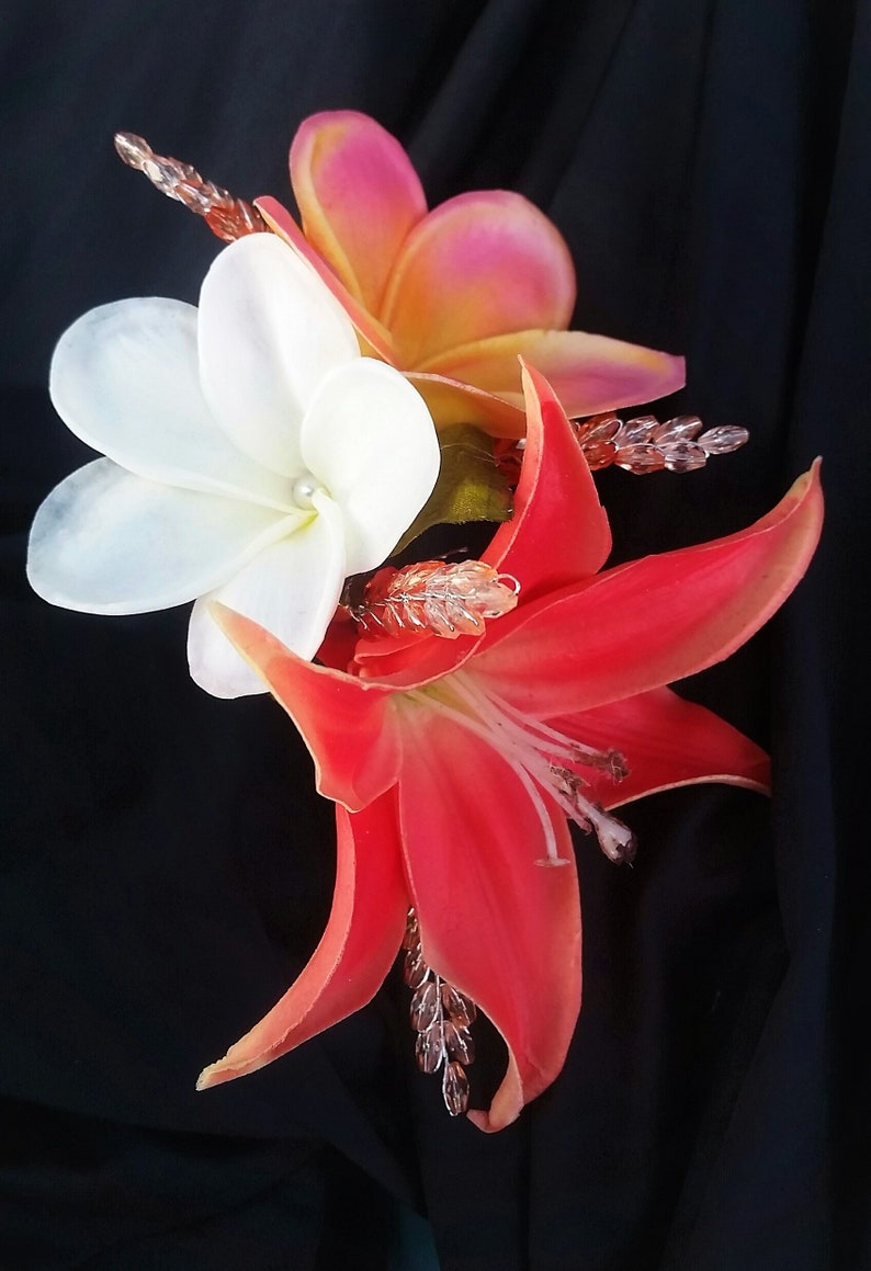 Real Touch Tropical Flower Bridal hair comb accessory Custom hair piece Beach wedding Hawaiian Plumeria /& Lily silk flowers Fascinator