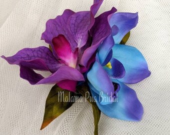 TROPICAL HAIR CLIP, Blue & Purple Orchids, Hair flower, Wedding Headpiece, Beach, Bridal Hair Piece, Fascinator, Hawaiian, Hair Accessory